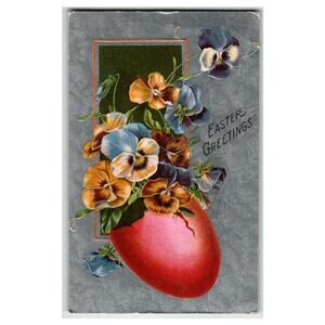 1909 Easter Greetings Postcard Cracked Egg Pansies Flowers Posted